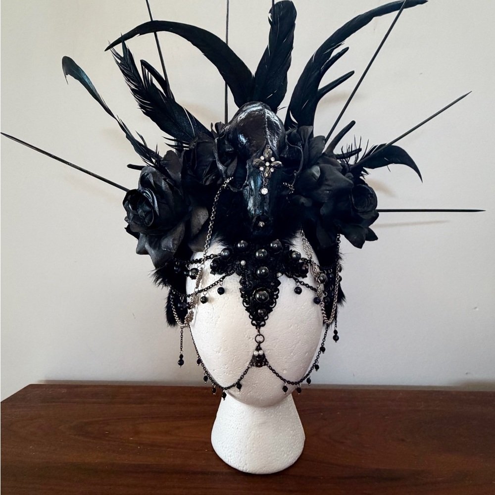 Gothic Black Feathered Headpiece with Beaded Accents